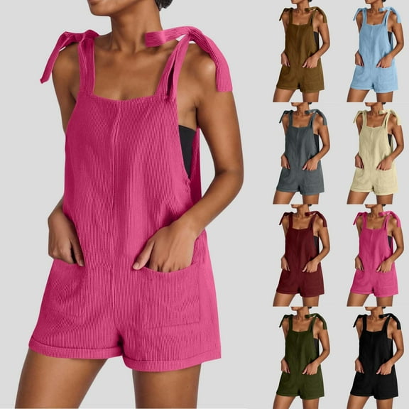 Lovskoo Women Corduroy Overalls Short Jumpsuits Adjustable Straps with Double Pocket Sleeveless Rompers Brown