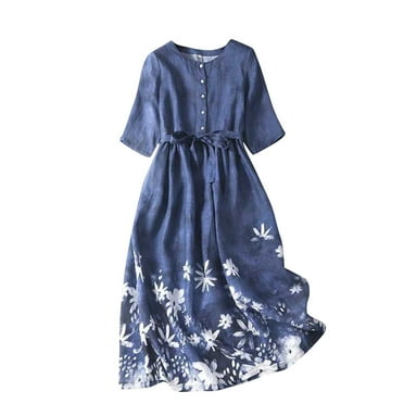 Lovskoo Women Cotton Linen Dress Casual Loose Bohemian Floral Dress Short Sleeve A-Line Long Maxi Summer Flowy Beach Swing Dress Blue