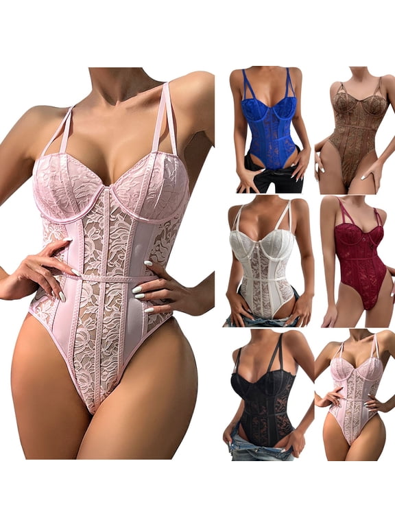 Women Cute Sleepwear Bodysuit Mesh Teddy Sheer Lace Bustier Corset Waist Cincher Overbust One Piece Babydoll Black