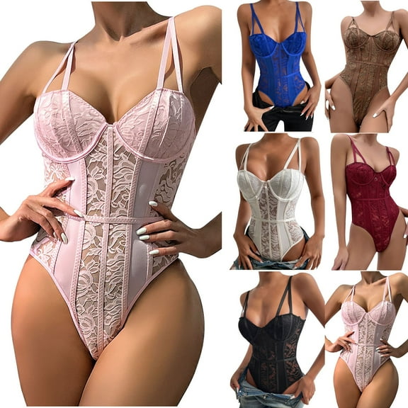 Lovskoo Women Cute Sleepwear Bodysuit Mesh Teddy Sheer Lace Bustier Corset Waist Cincher Overbust One Piece Babydoll White