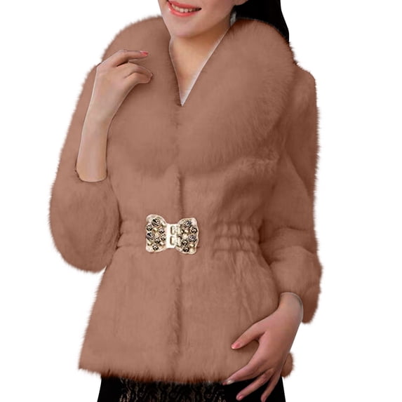 Lovskoo Women Faux Fur Coat Winter Elegant Thick Warm Fashion Outerwear Short Jacket Brown