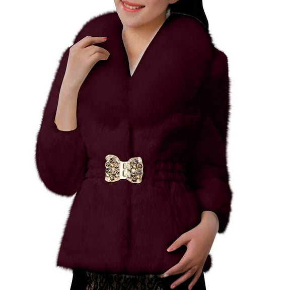 Lovskoo Women Faux Fur Coat Winter Elegant Thick Warm Fashion Outerwear Short Jacket Claret