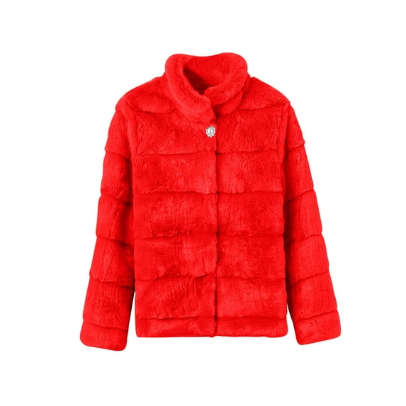 Lovskoo Women Faux Fur Coat Winter Elegant Thick Warm Fashion Outerwear Short Jacket Red