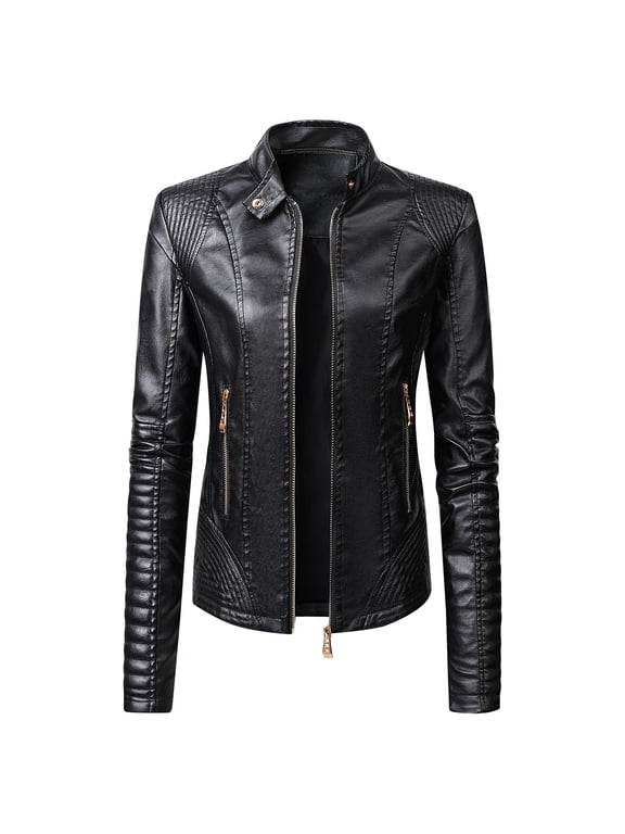 Women Faux Leather Jacket Moto Biker Coat Trendy Jacket Solid Long Sleeve Zipper Pocket Outerwear Tops Short Coat Black