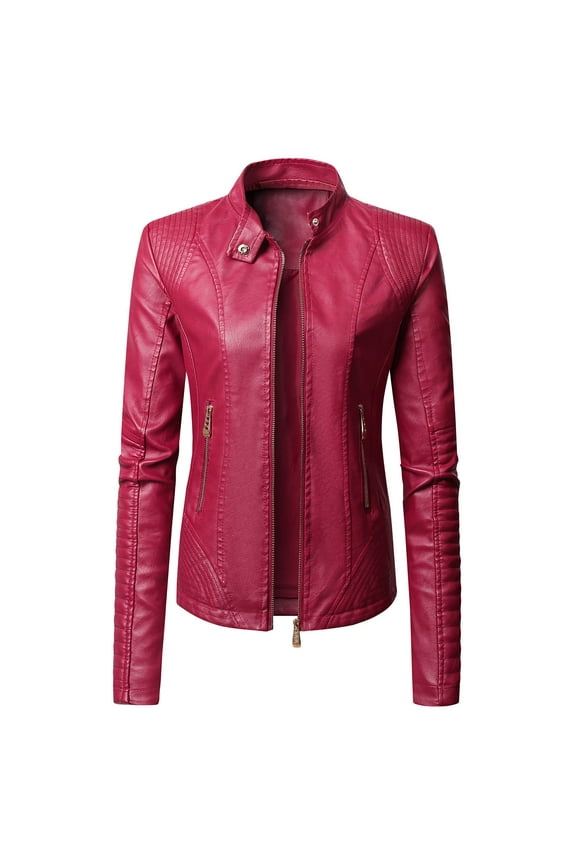 Women Faux Leather Jacket Moto Biker Coat Trendy Jacket Solid Long Sleeve Zipper Pocket Outerwear Tops Short Coat Burgundy