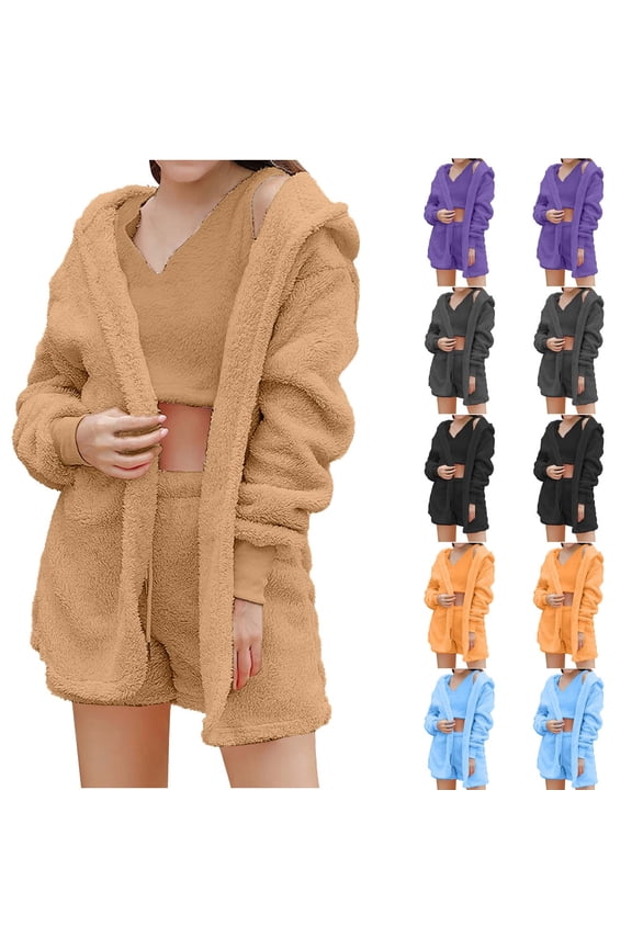Women Fuzzy 3 Piece Outfit Pajamas Fleece Hooded Cardigan Outwear Sleeveless Crop Tops Shorts Nightwear Set Black