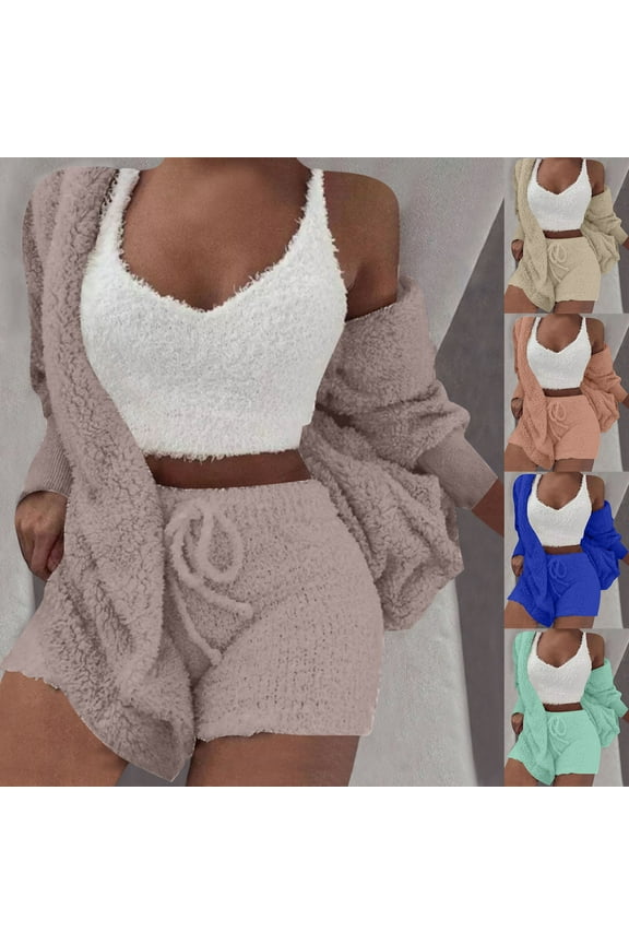 Women Fuzzy 3 Piece Outfit Pajamas Fleece Hooded Cardigan Outwear Sleeveless Crop Tops Shorts Nightwear Set Pink