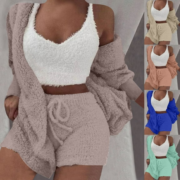 Lovskoo Women Fuzzy 3 Piece Outfit Pajamas Fleece Hooded Cardigan Outwear Sleeveless Crop Tops Shorts Nightwear Set Pink