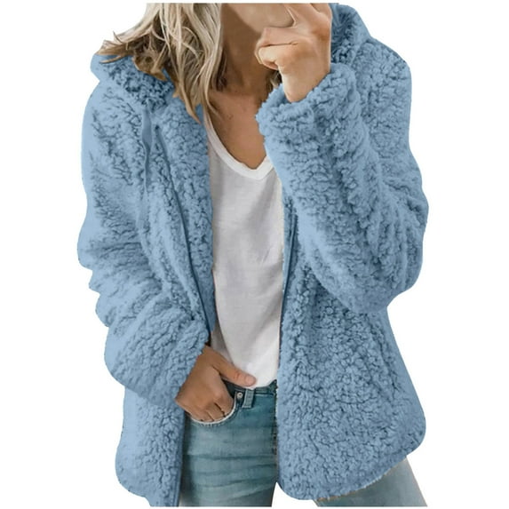 Lovskoo Women Fuzzy Fleece Lapel Open Front Cardigan Coat Long Sleeve Trendy Warm Faux Coat Jacket Winter Zipper Solid Outerwear Light Blue