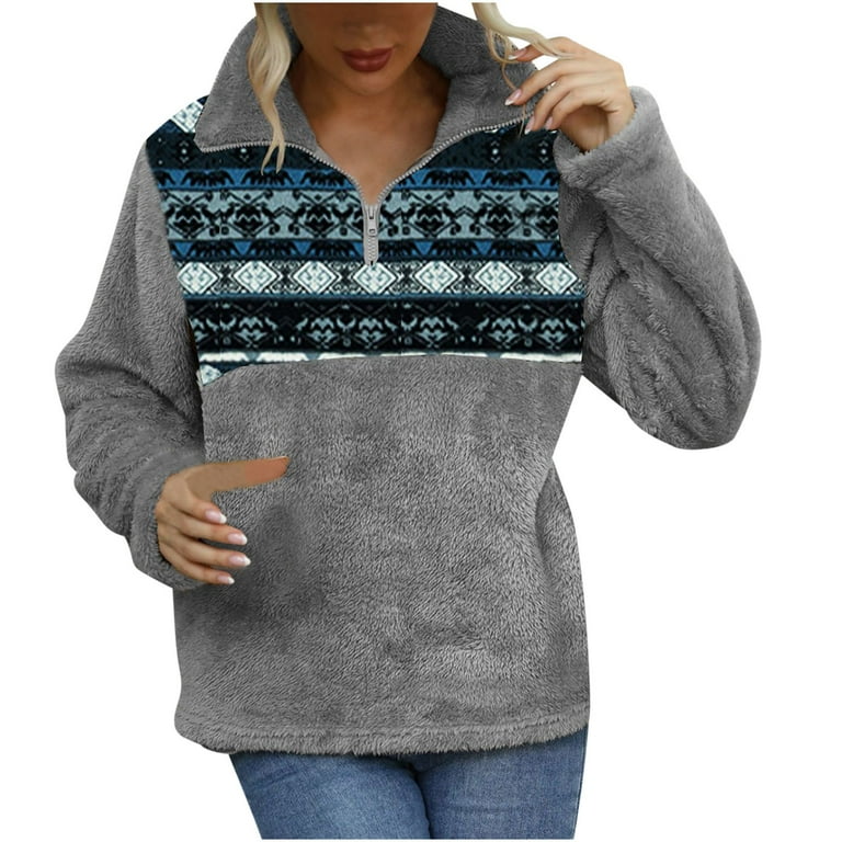 Lovskoo Women Fuzzy Fleece Sweatshirt Long Sleeve Oversized Western Ethnic 1 4 Zip Pullover With Pocket Soft Fluffy Outerwear Fall Tops Gray Walmart