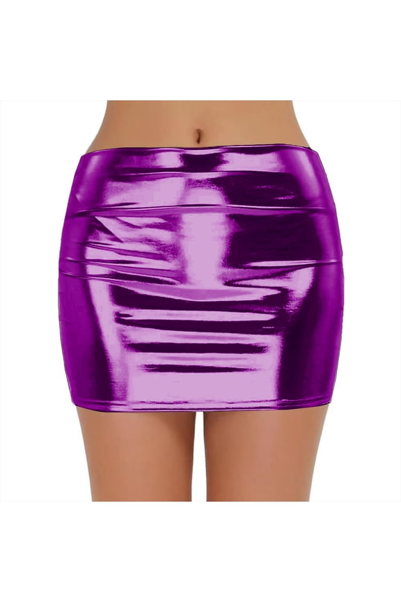 Women Glitter Leather Bodycon Mini Skirt Skirts Shiny Skirt Purple