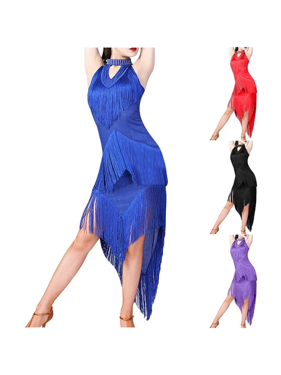 Women Latin Dance Dress Sequin Tassel Fringe Flapper Dress 1920S Cocktail Dress Tango Ballroom Dancing Costume Black