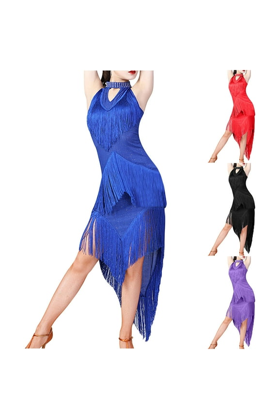 Women Latin Dance Dress Sequin Tassel Fringe Flapper Dress 1920S Cocktail Dress Tango Ballroom Dancing Costume Blue