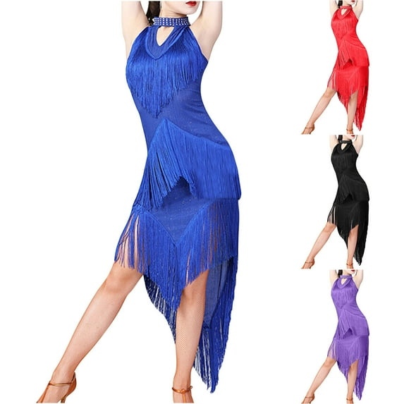 Lovskoo Women Latin Dance Dress Sequin Tassel Fringe Flapper Dress 1920S Cocktail Dress Tango Ballroom Dancing Costume Purple
