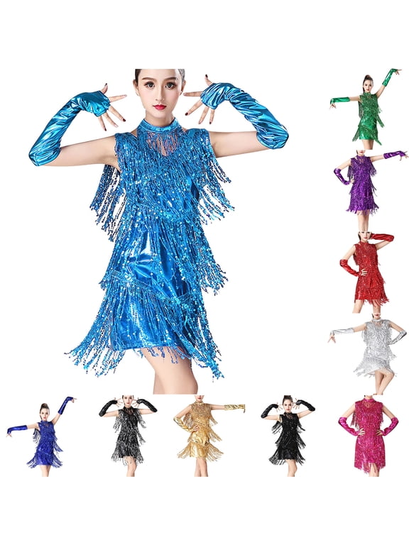 Women Latin Dance Dress Sequin Tassel Fringe Flapper Dress 1920S Cocktail Dress Tango Ballroom Dancing Costume Red