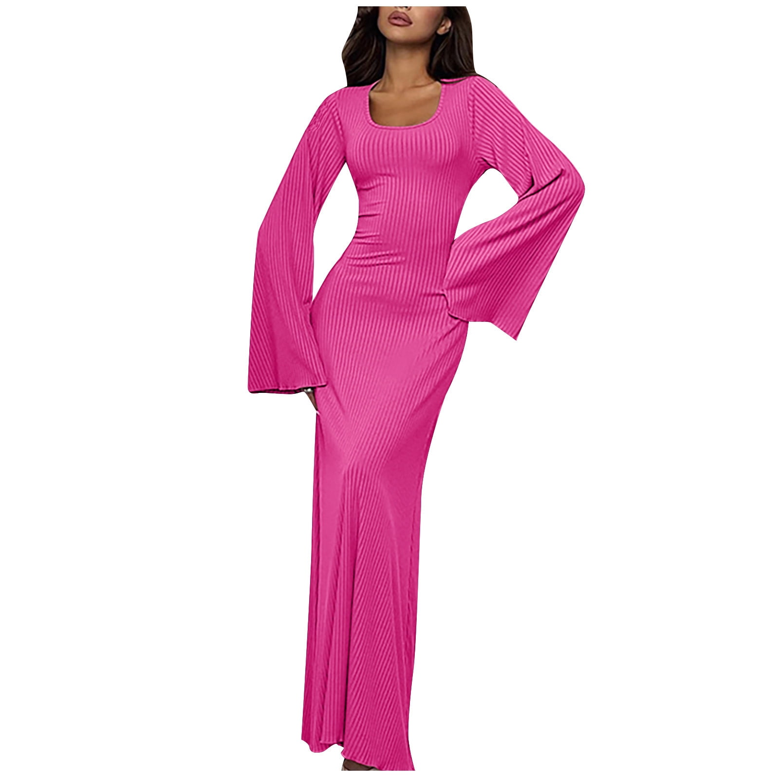 Lovskoo Women Long Bell Sleeve Ribbed Knit Maxi Dress Back Lace Up Bodycon Crew Neck Ruched Slim Fit Fall Sweater Dress Party Hot Pink L - Walmart.com Lovskoo Women Long Bell Sleeve Ribbed Knit Maxi Dress Back Lace Up Bodycon Crew Neck Ruched Slim Fit Fall Sweater Dress Party Hot Pink L - Walmart.com