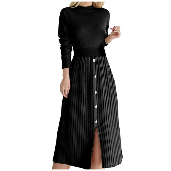 Lovskoo Women Long Sleeve Sweater Dress Fall Winter Cute Mock Neck Casual Knit Pleated Pullover Formal Dresses Black