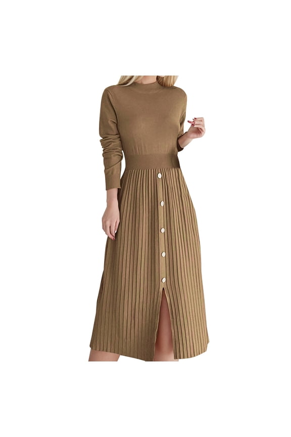 Women Long Sleeve Sweater Dress Fall Winter Cute Mock Neck Casual Knit Pleated Pullover Formal Dresses Brown