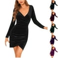 thumbnail image 1 of Lovskoo Women Long Sleeve Velvet Dress Deep V Neck Slim Short Ruched Bodycon Cocktail Wrap Elegant Party Club Mini Dresses Purple, 1 of 6