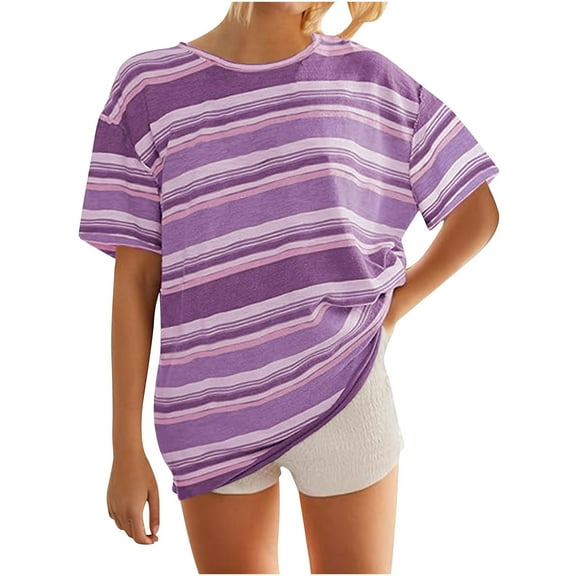 Lovskoo Women Oversized T-Shirt Striped Short Sleeve V Neck Tee Shirt Casual Loose Drop Shoulder Summer Going Out Tops Purple