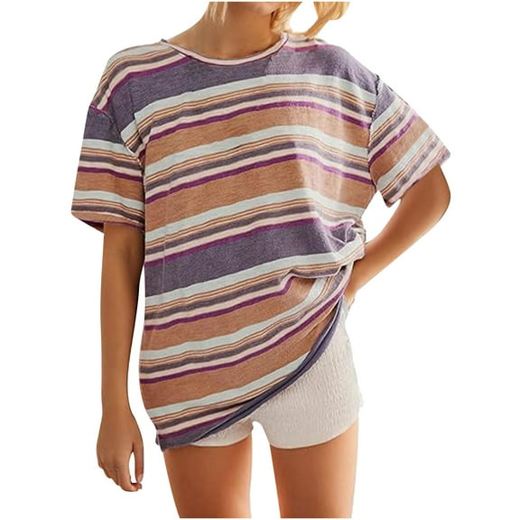 Lovskoo Women Oversized T-Shirt Striped Short Sleeve V Neck Tee Shirt Casual Loose Drop Shoulder Summer Going Out Tops Red