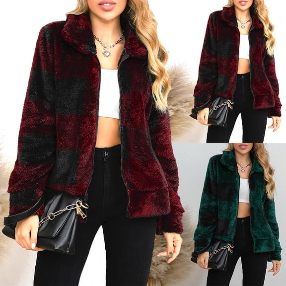 Lovskoo Women Plaid Polar Fleece Jackets Stand Collar Casual Long Sleeve Buttons Cropped Coat Winter Outwear Green