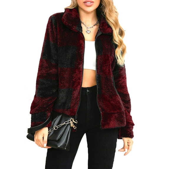 Lovskoo Women Plaid Polar Fleece Jackets Stand Collar Casual Long Sleeve Buttons Cropped Coat Winter Outwear Red