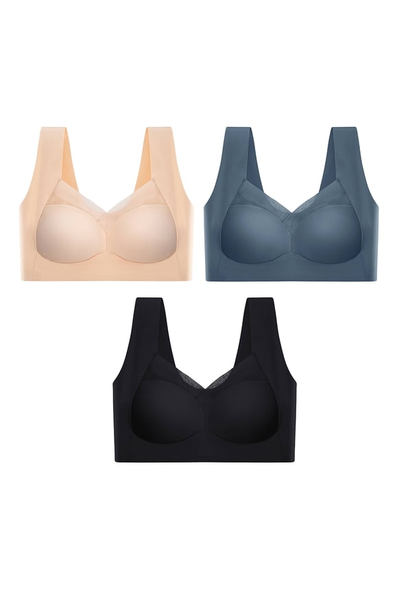 Women Seamless Sports Bra Pack 5PC Ice Comfort Brassiere Wireless Bra Push Up Bra Back Smoother Bras Solid Lady Brassiere Ice Silk Mesh Yoga Soft Cup Black,Blue,Khaki