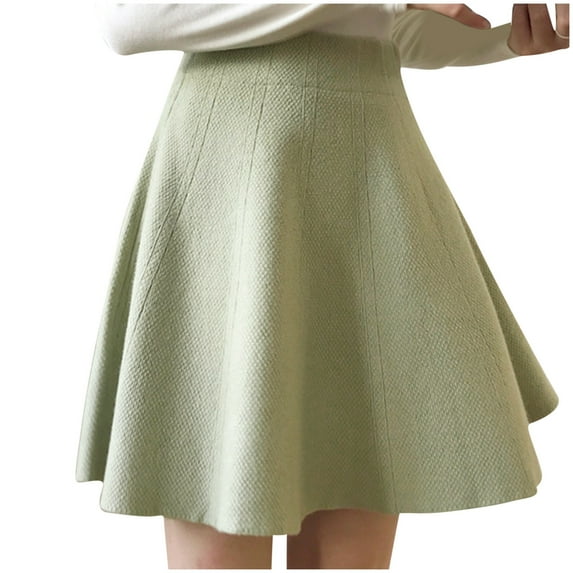 Lovskoo Women Solid Color Knitted Pleated Skirt High Waisted A-Line Basic Versatile Stretchy Flared Casual Mini Skater Skirt Green