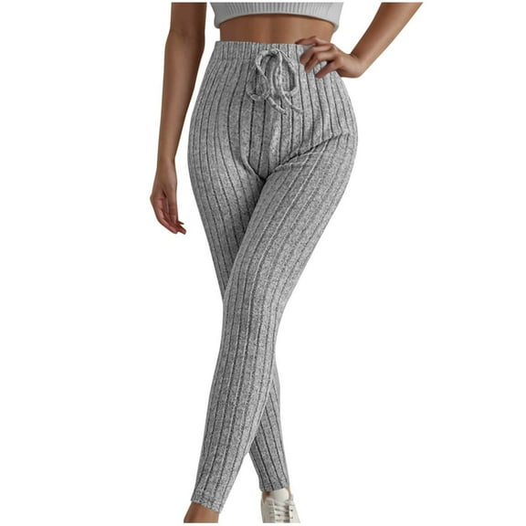 Lovskoo Women Solid Color Ribbed Knit Leggings Elastic Waist Casual Long Pants Gray