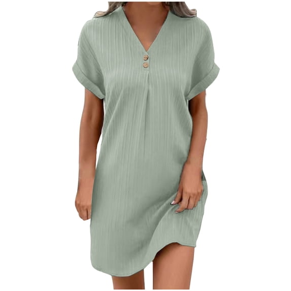 Lovskoo Women Summer Smocked Mini Dress Cotton Linen Short Sleeve V-Neck Flowy A-Line Tiered Ruffle Dresses with Pocket Gray L
