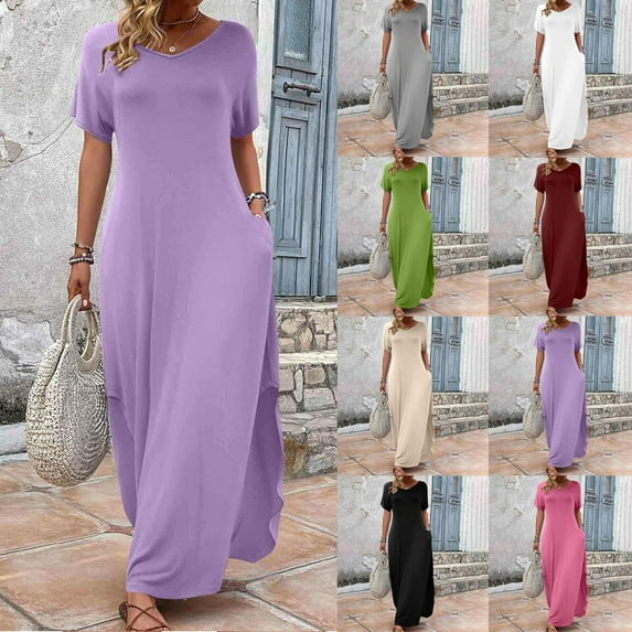 Lovskoo Womens Summer T Shirt Dress Casual Solid Short Sleeve V Neck Maxi Dresses Loose High Side Slit Long Tshirt Dress Khaki