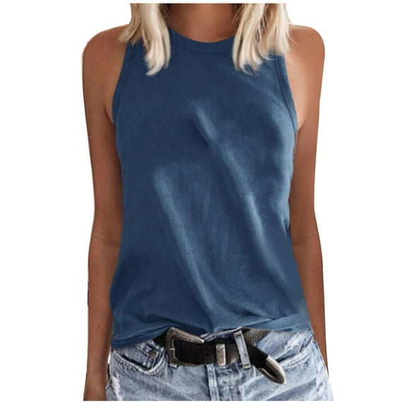 Lovskoo Women Summer Tank Tops Sleeveless Casual Tops Round Neck Solid Sleeveless Vest Tops Blue