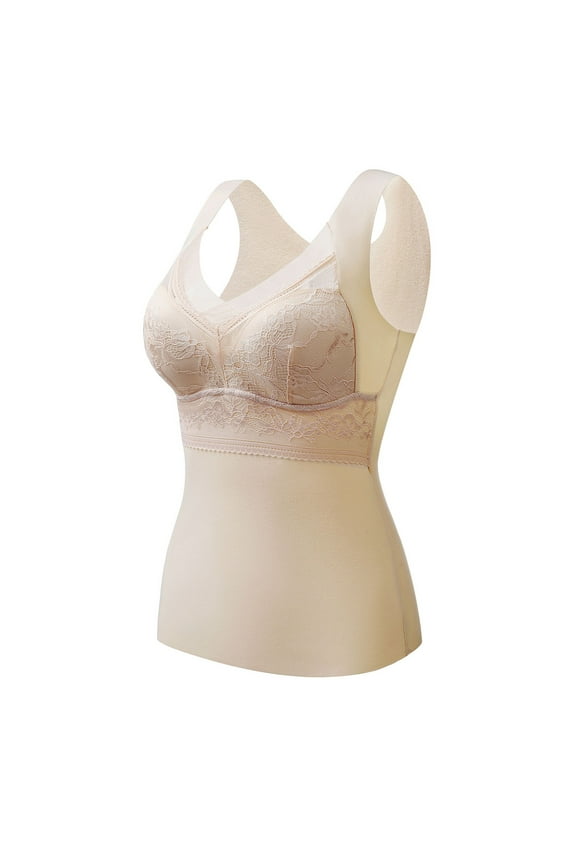 Women Tank Top with Built in Bra Camisole Nude Solid Winter Warm Self Heating Warm Shaping Wool V-Neck Warm Brassiere Beige