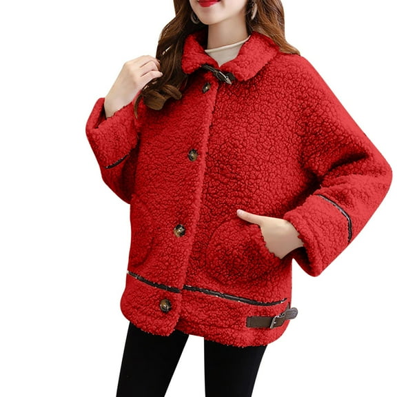 Lovskoo Women Teddy Bear Jacket Fleece Jacket Lapel Button Down Sherpa Jacket Fuzzy Winter Coats for Women Red
