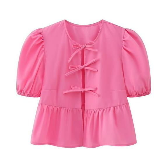 Lovskoo Women Tie Front Tops Y2K Bow Round Neck Half Lantern Sleeve Shirt Peplum Summer Tops Solid Blouse Dressy Tops Hot Pink