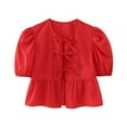 thumbnail image 1 of Lovskoo Women Tie Front Tops Y2K Bow Round Neck Half Lantern Sleeve Shirt Peplum Summer Tops Solid Blouse Dressy Tops Red, 1 of 5