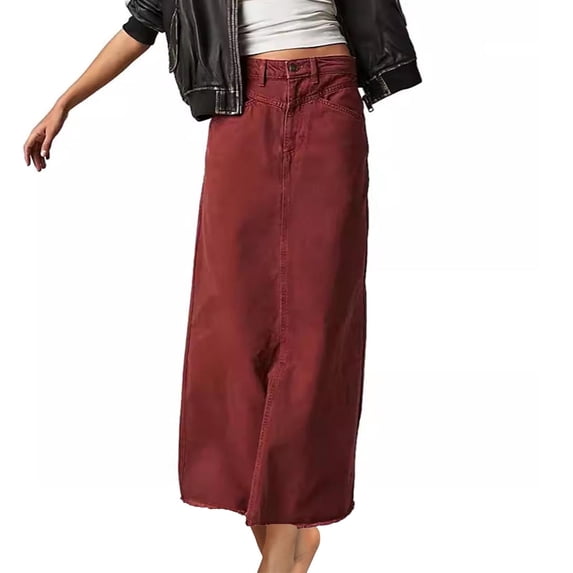Lovskoo Women Trendy Denim Maxi Skirt High Waist A-Line Loose Long Jean Skirt Streetwear Burgundy