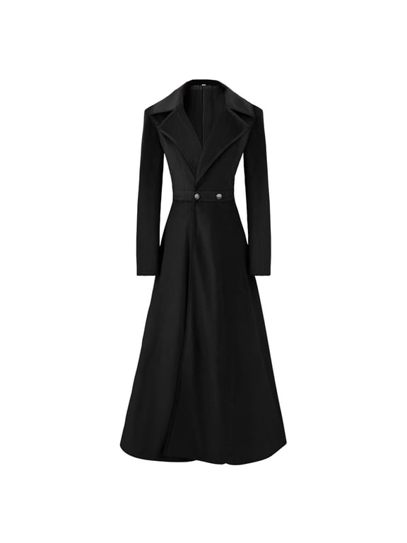 Women Trendy Swing Double Breasted Pea Coat Slim Notch Lapel Long Vintage Winter Long Overcoat Trench Coat Dress Windbreaker Jacket Black