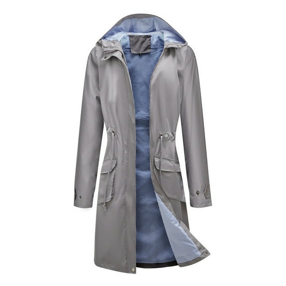 Lovskoo Women Windbreaker Jacket Solid Rain Jacket Outdoor Jackets Waterproof Hooded Raincoat Windproof Outerwear Gray