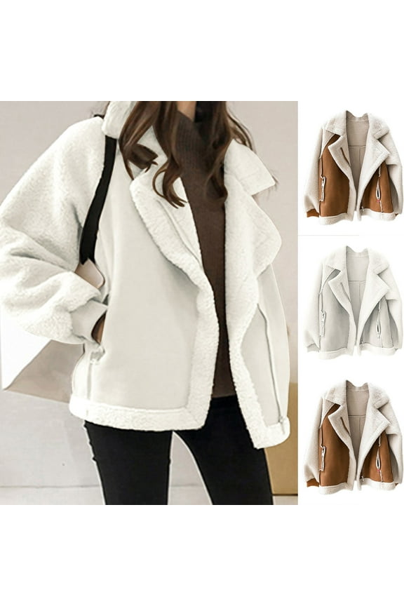 Women Winter Coats Faux Suede Lapel Coat Outwear Shearling Patchwork Leather Warm Biker Motor Jacket Coat Beige