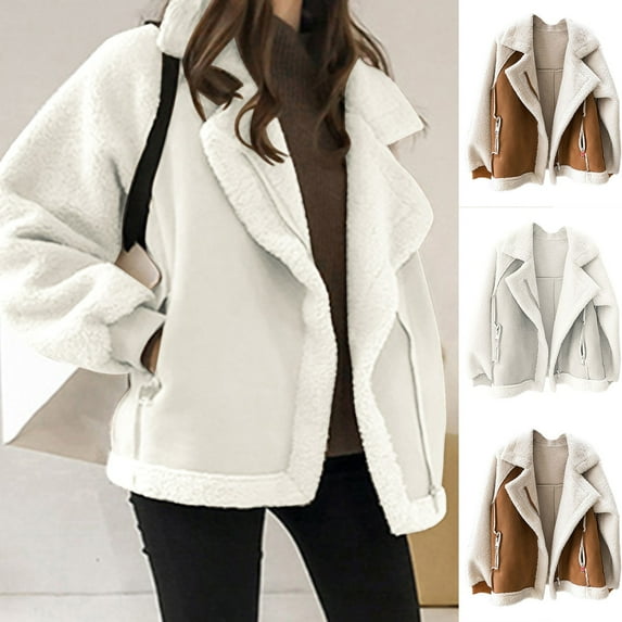 Lovskoo Women Winter Coats Faux Suede Lapel Coat Outwear Shearling Patchwork Leather Warm Biker Motor Jacket Coat Beige