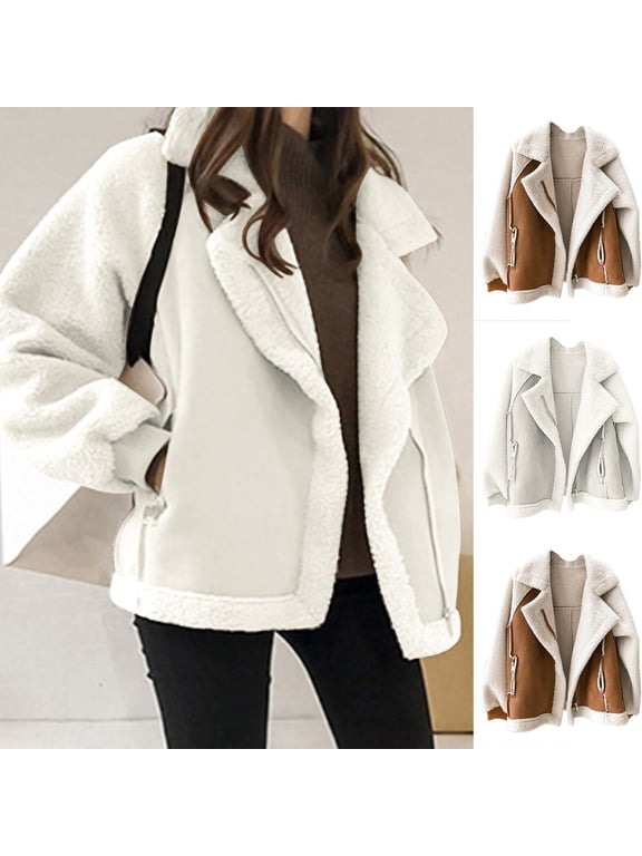 Women Winter Coats Faux Suede Lapel Coat Outwear Shearling Patchwork Leather Warm Biker Motor Jacket Coat Beige