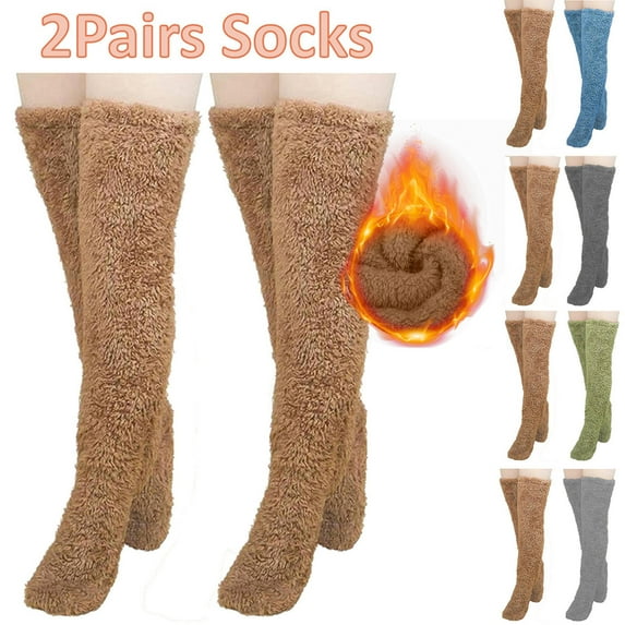 Lovskoo Women's 2 Pairs High Fuzzy Socks Over Knee Winter Leg Warmers Fleece Slipper Socks for Women Christmas Home Sleeping Brown