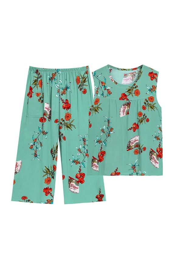 Women's 2 Piece Pajama Set Plus Size Casual Home Print Cotton Sleeveless Round Neck Tank Tops and Cropped Pants Suit Mint Green