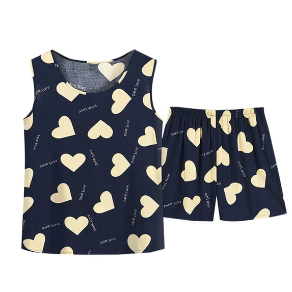 Lovskoo Women's 2 Piece Pajama Set Plus Size Summer Casual Printed Sleeveless Round Neck Tank Tops Shorts Suit Thin Weared Outer Home Suit Black