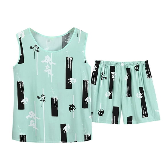 Lovskoo Women's 2 Piece Pajama Set Plus Size Summer Casual Printed Sleeveless Round Neck Tank Tops Shorts Suit Thin Weared Outer Home Suit Green