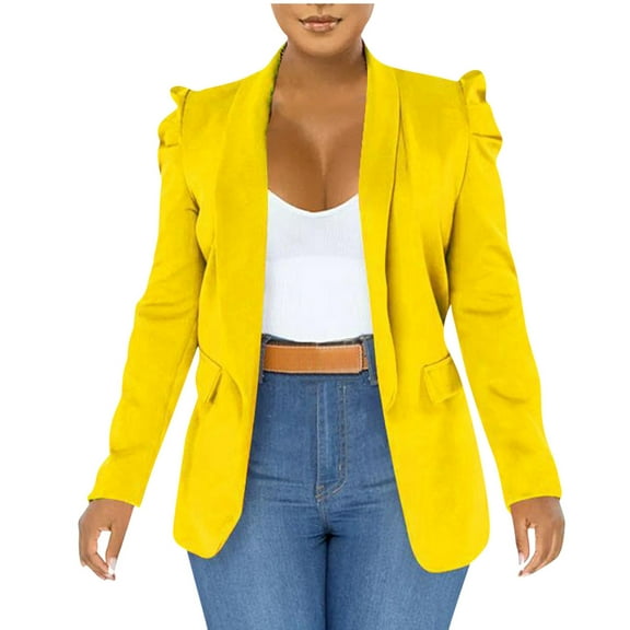Lovskoo Women's 2023 Fall Casual Blazers Puff Sleeve Lapel Open Front Work Suit Office Blazer Jackets with Pockets Yellow