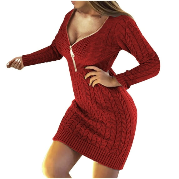 Lovskoo Women's 2023 Fall Sweater Mini Dress Long Sleeve Zipper V Neck Cable Knit Chunky Bodycon Pullover Jumper Sweaters Claret M