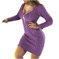 thumbnail image 1 of Lovskoo Women's 2023 Fall Sweater Mini Dress Long Sleeve Zipper V Neck Cable Knit Chunky Bodycon Pullover Jumper Sweaters Purple L, 1 of 6